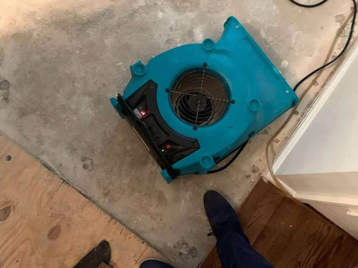Air mover drying subfloor during Commercial Water Damage Restoration in Greenville